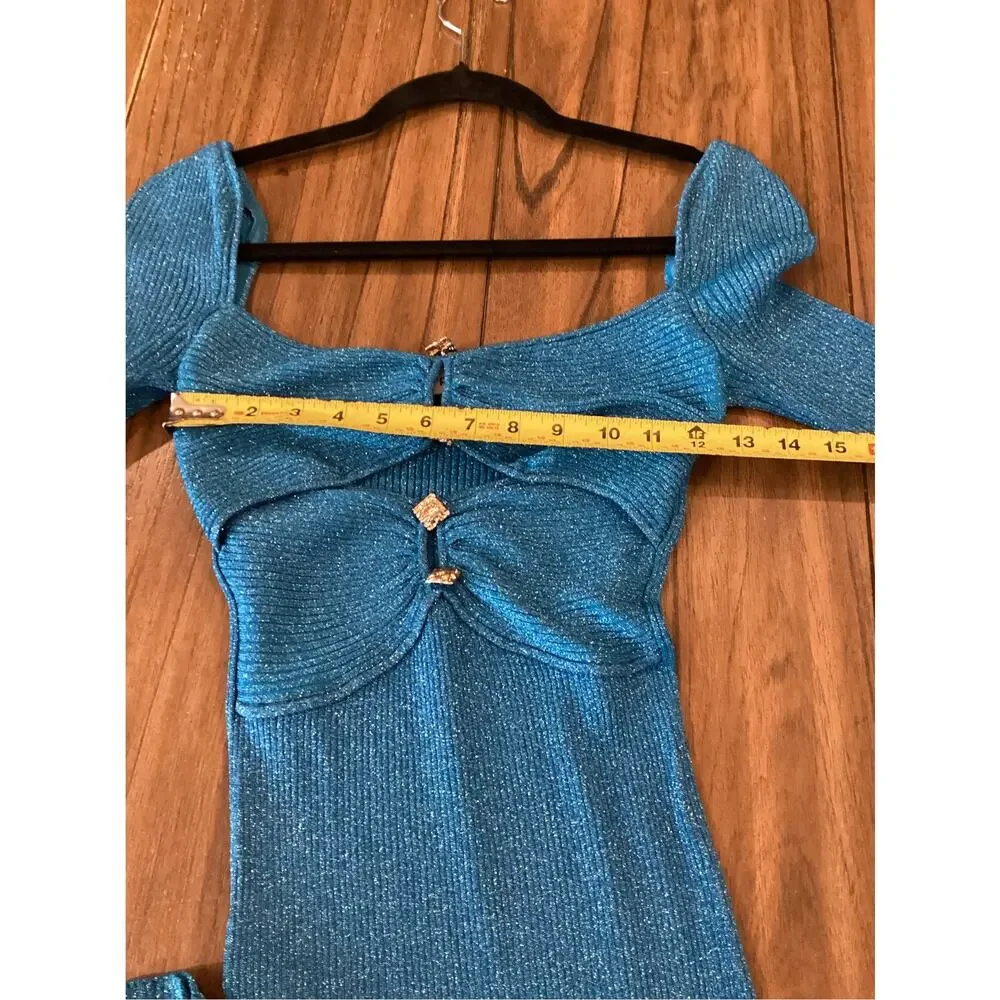 SELF PORTRAIT Blue Lurex Knit long sleeve cut out Midi Dress M